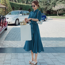Peacock blue dress Women summer 2021 New French skinny fishtail skirt temperament waist shirt dress