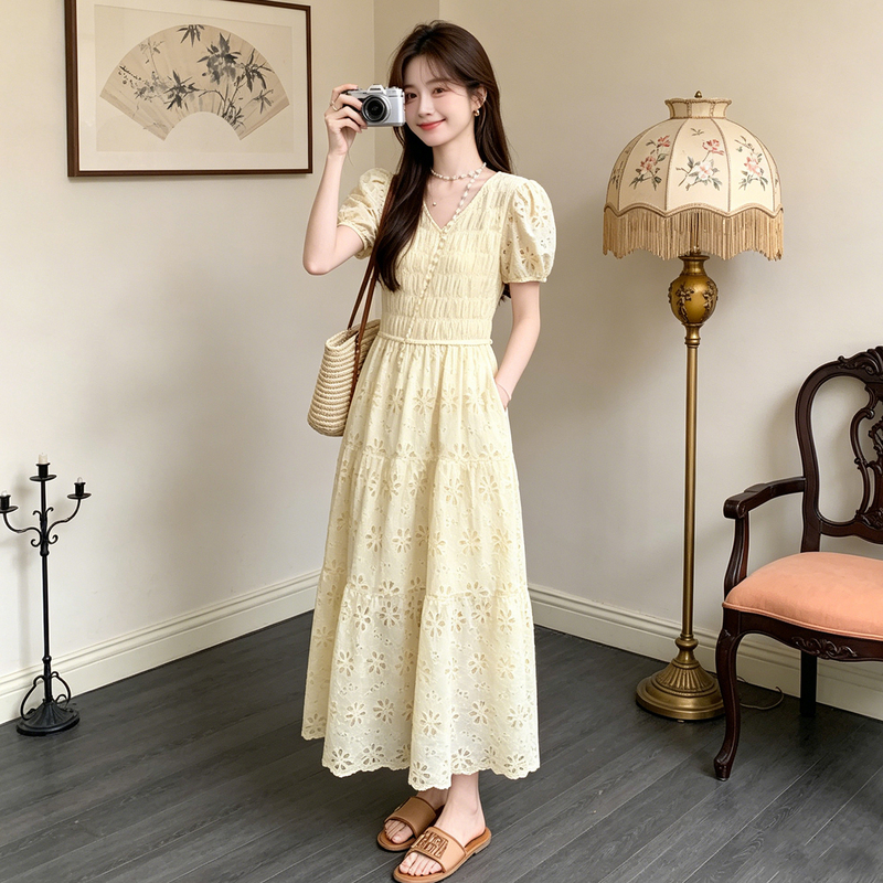 Yellow Hollow-Out V-Neck Puff Sleeve Dress for Women, 2026 Summer New Korean Style Gentle Wind Waist-Cinching Slimming Long Dress Yellow Hollow-Out V-Neck Puff Sleeve Dress for Women, 2026 Summer New Korean Style Gentle Wind Waist-Cinching Slimming Long Dress