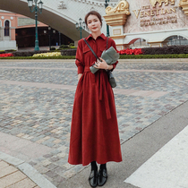 Red skirt womens spring new super long waist long sleeve shirt dress temperament retro base long skirt tide