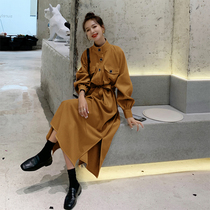 Yellow long sleeve dress women Autumn 2020 new French long knee waist thin temperament shirt long skirt