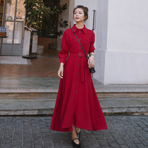 Red dress women Autumn 2020 new French super long Platycodon skirt waist thin temperament shirt long skirt