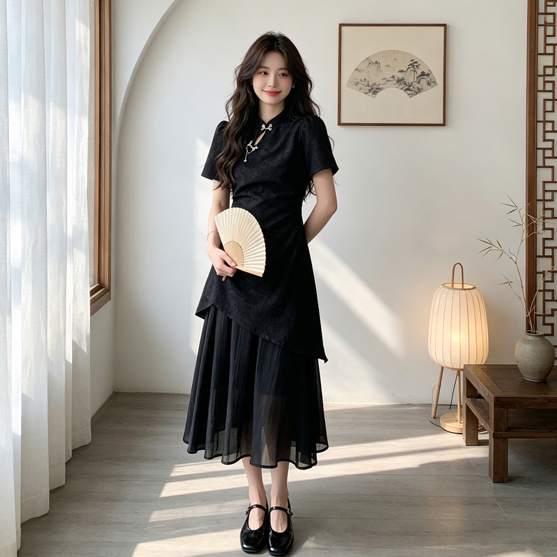 Black New Chinese-Style Jacquard Cheongsam Dress for Women, Summer New Retro Style, Mature and Sophisticated, High-End Feel, Slimming Long Dress with Patchwork Design Black New Chinese-Style Jacquard Cheongsam Dress for Women, Summer New Retro Style, Mature and Sophisticated, High-End Feel, Slimming Long Dress with Patchwork Design