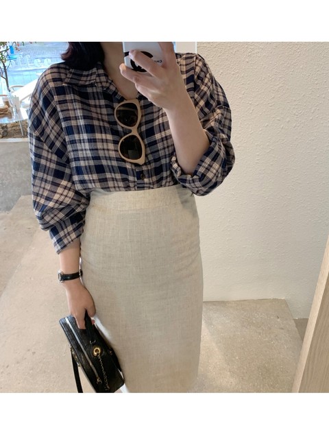 Linen Bamboo Cotton Blend Color H-Line Pencil Skirt, Slim Fit, Straight Cut, Mid-Length, High-Waisted, Summer, Back Slit, Petite Size