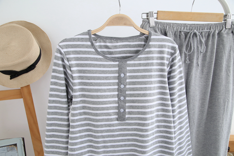 Bộ đồ ngủ nữ mùa thu cotton dài tay áo ngực đặt sọc mỏng tay áo lỏng lẻo mặc nhà mặc bộ khủng long