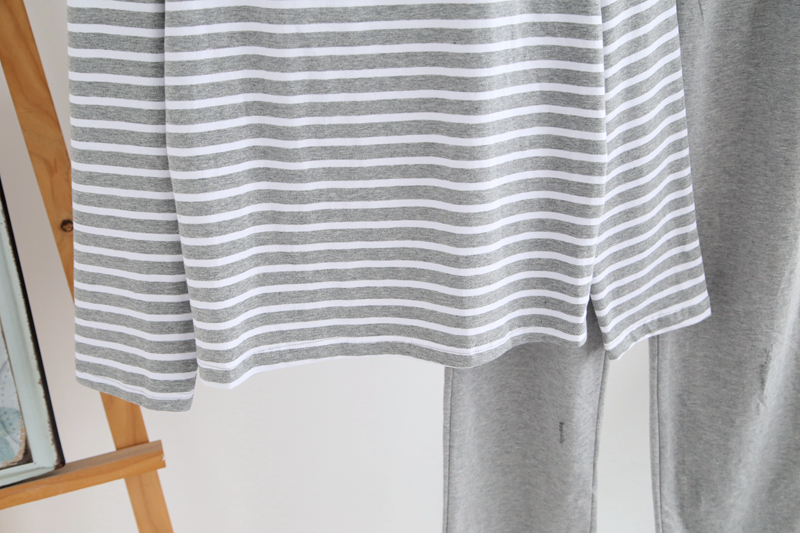 Bộ đồ ngủ nữ mùa thu cotton dài tay áo ngực đặt sọc mỏng tay áo lỏng lẻo mặc nhà mặc bộ khủng long