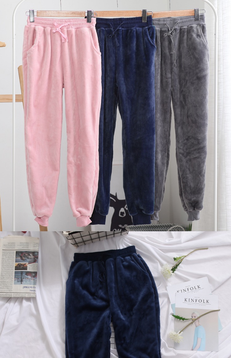 Mùa thu và mùa đông dày quần flannel pyjama nam và nữ lông cừu san hô màu rắn đóng chân nhỏ kích thước lỏng lẻo quần dài nhà giản dị quần nam đẹp