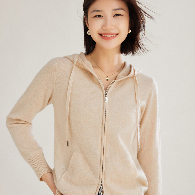 Cashmere Knitted Cardigan Jacket for Women, High-End Hooded Loose Casual Zipper Hoodie Jacket with Drawstring Outer Sweater