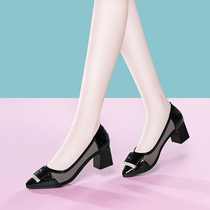 Mesh shallow leather shoes pointed single shoes women summer 2021 New breathable thin middle heel thick heel mesh womens shoes