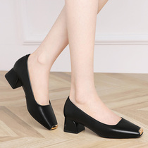 Black small leather shoes female summer professional work shoes thick and long stand not tired foot single shoes 2021 New middle heel work shoes