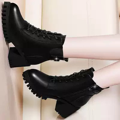 Handsome Martin boots British style high-heeled boots 2021 new all-match women's boots winter plus velvet lace-up thick-heeled boots