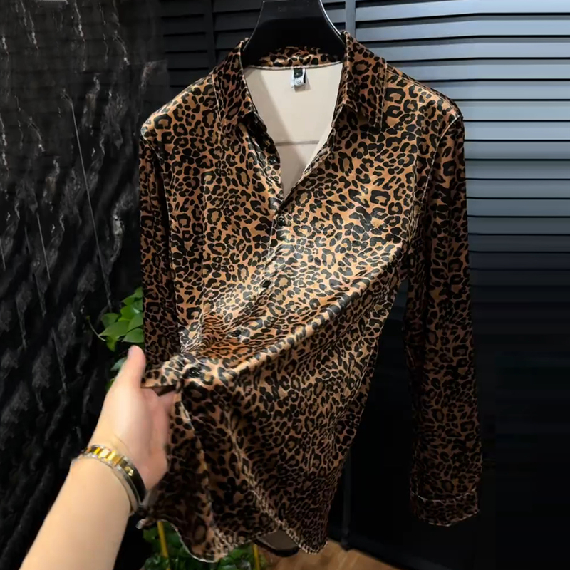 Light Luxury Men's Clothing, Plus-Size Trendy Brand Men's 2026 Spring Fashion Leopard Print Jacquard Long-Sleeve Shirt, Stylish Loose-Fitting Shirt