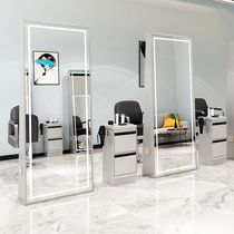  Double-sided silver stainless steel mirror barbershop mirror Hair salon special net red simple floor-to-ceiling hair cutting mirror with light