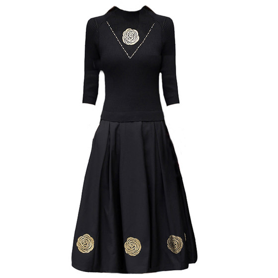 Spring 2024 new style mid-length dress women's long-sleeved fake two-piece middle-aged mother temperament spring and autumn skirt