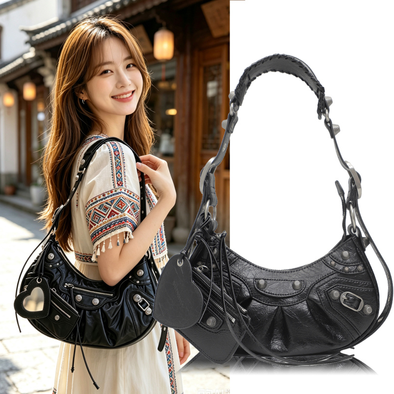 B Brand Bag Le Cagole Motorcycle Bag Women's Genuine Leather Underarm Bag Studded Crescent Bag Vintage Saddle Bag Crossbody Bag B Brand Bag Le Cagole Motorcycle Bag Women's Genuine Leather Underarm Bag Studded Crescent Bag Vintage Saddle Bag Crossbody Bag