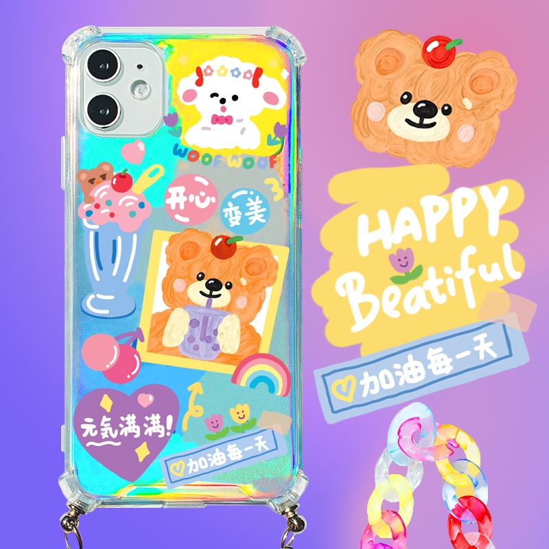 Original refueling bear laser lanyard suitable for Apple 11ProMax mobile phone protective shell iphoneX hand ins