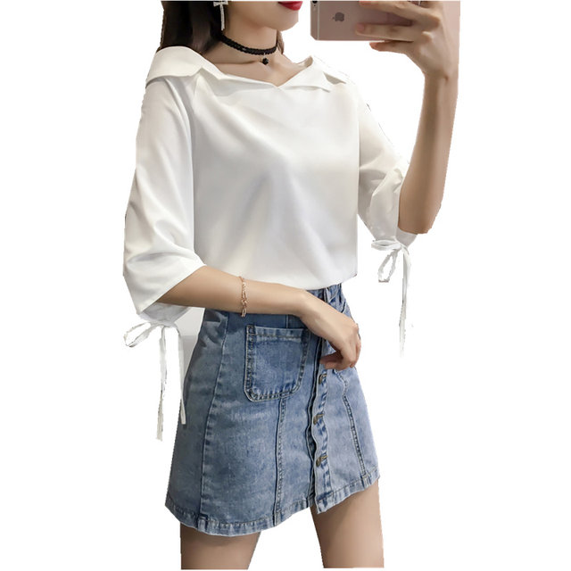 One-shoulder leaky clavicle top chiffon shirt for women summer 2023 spring new style loose Korean style chiffon shirt