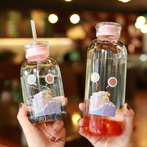 Korean version of the beautiful girl double cover cartoon glass female student straw simple handy cup Korean small fresh water cup