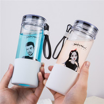 Glass heat-resistant water cup Portable handy cup Creative Korean cute student men and women transparent tea cup with lid