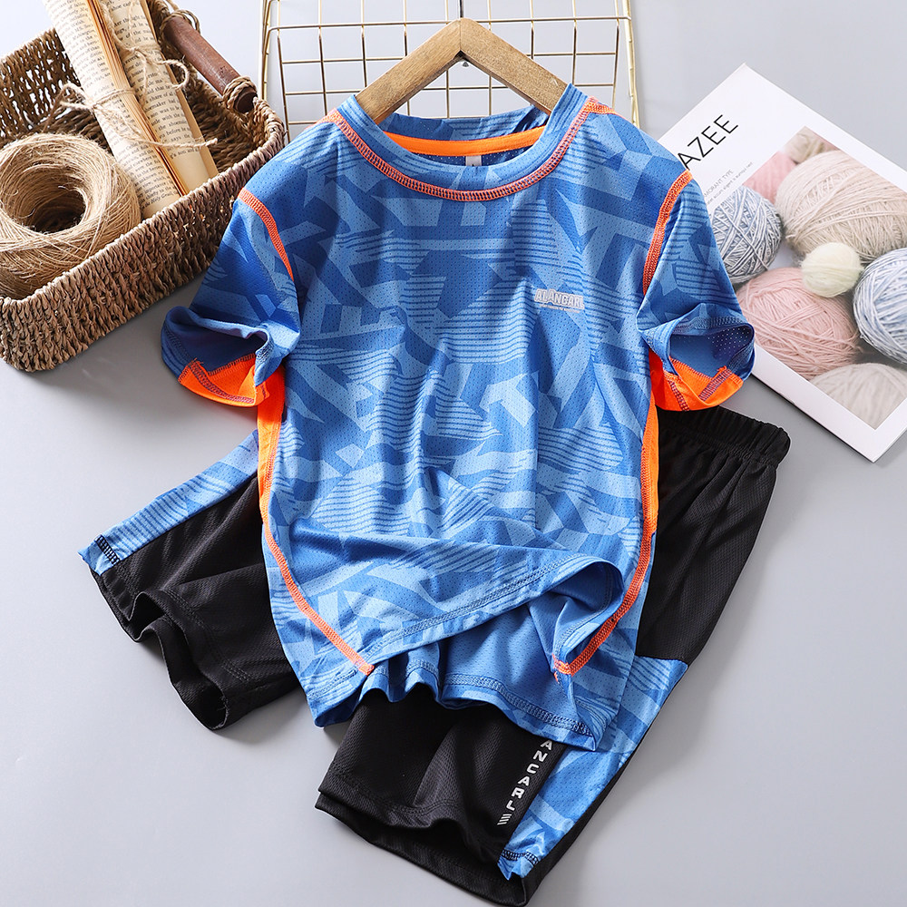 Ice cool breathable ~ Boy speed dry sports suit 2022 Summer new children thin short sleeves T-shirt shorts suit