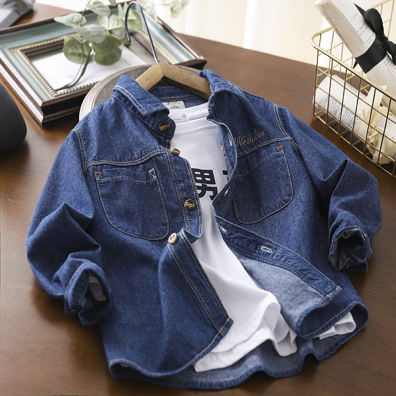 Soft and soft denim ~ boy denim shirt 2022 spring autumn new children girl turned over foreign pie long sleeve shirt