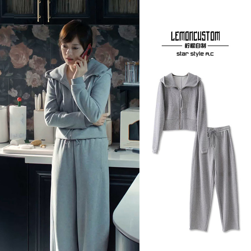 Sun Li's Same Style Gray Casual Hooded Sweatshirt, Loose Fit, 2026 Spring and Autumn New Style, Slimming and Stylish Two-Piece Set for Women