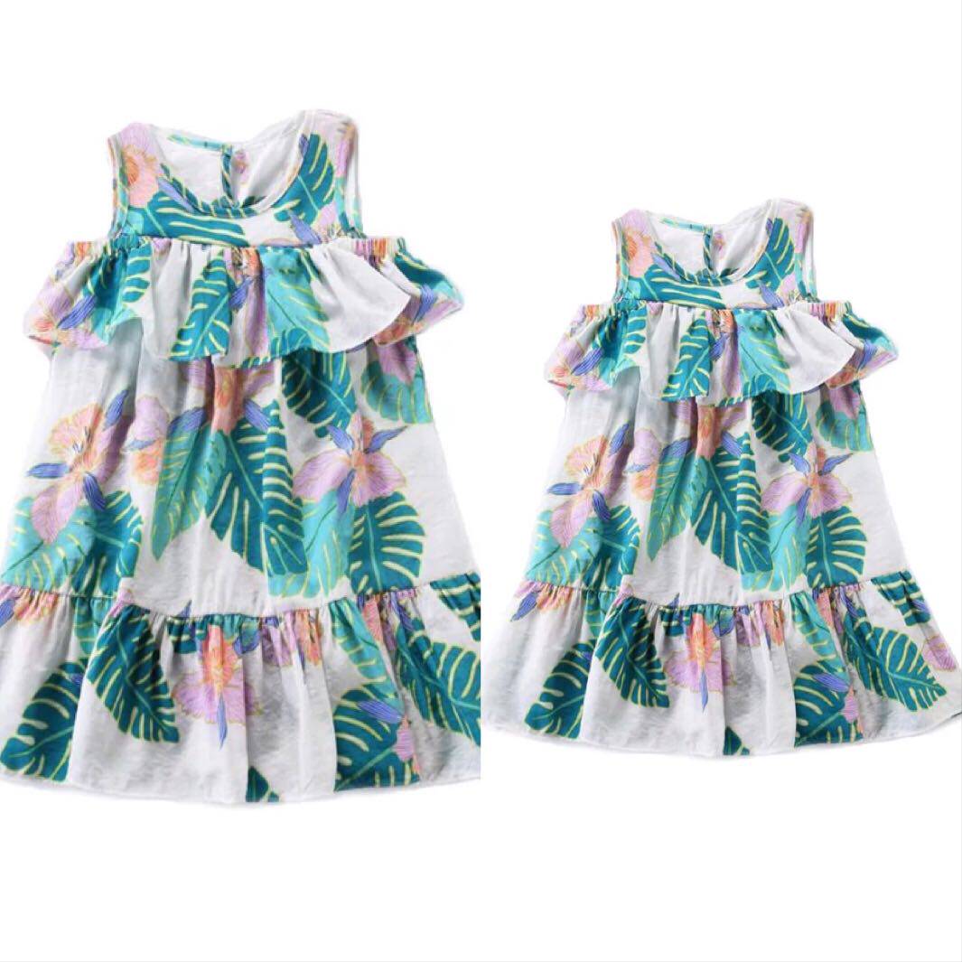 2018 summer high-end tennis red plantain leaf flower printed lotus leaf side vest dolls mother and daughter dress foreign dress