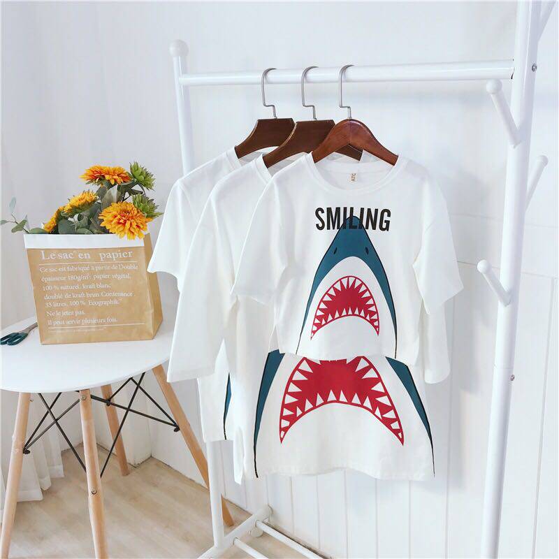 2018 Spring Summer Tide Hip Hop Wind Letters Shark Printed Pure Cotton Loose pro-daughter Mother-daughter Dress Mother-daughter T-shirt Dress