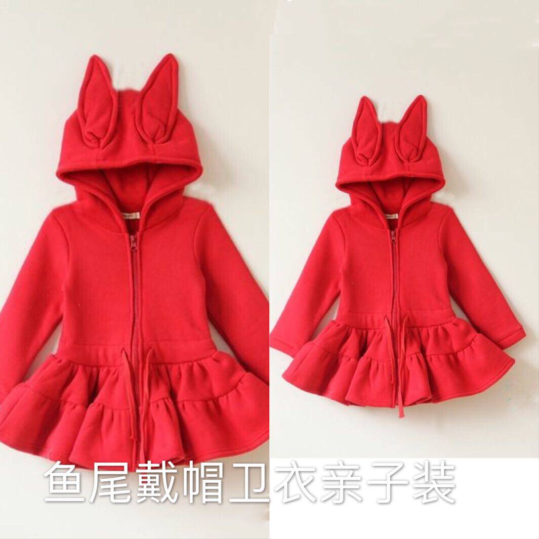 2019 autumn and winter red New Year Rabbit ears plus suede wrist lotus leaf crammy with mother and daughter dress jacket jacket