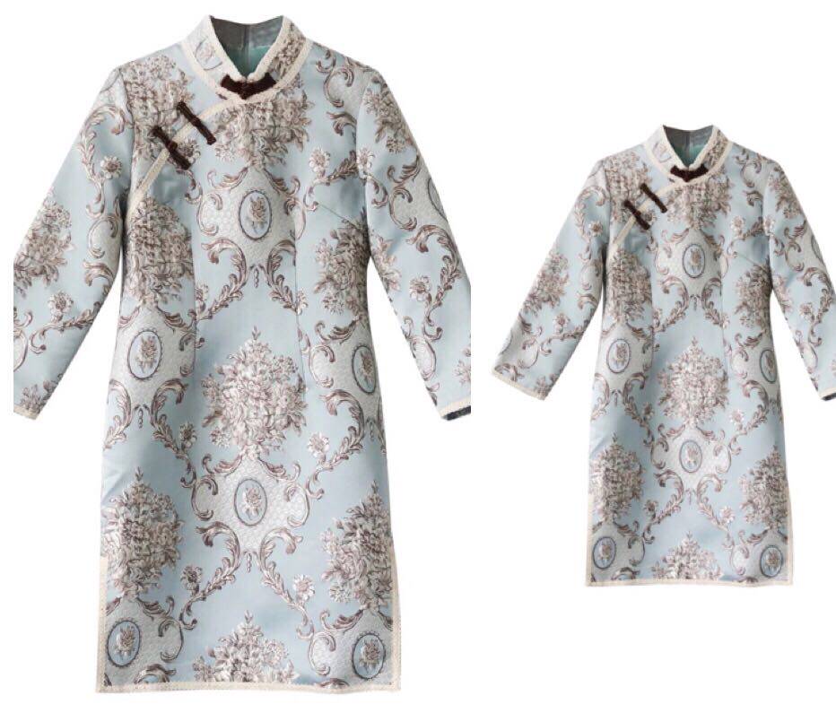 2017 autumn and winter high-end jacquard relief embroidery Heavy work with cotton lining lace disc button parent-child qipao dress