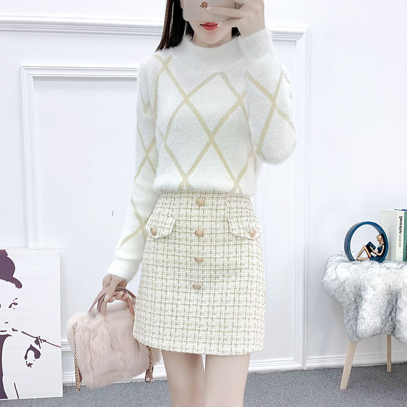 Suit Set with Mohair Sweater, Tweed Skirt, Early Autumn New Women's Two-Piece Set Suit Set with Mohair Sweater, Tweed Skirt, Early Autumn New Women's Two-Piece Set