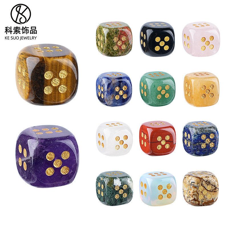 Natural Crystal Dice Cross-Border Leisure Board Game Agate Jade Carving Rounded Corner Style 15mm Numbered Semi-Precious Stone Dice