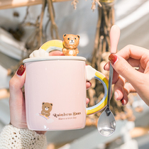 Cute water Cup ceramic couple mug with lid spoon girl heart office household breakfast oatmeal Milk Cup