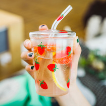 Strawberry straw glass ins Wind girl heart with lid Breakfast Milk Cup Net red High Borosilicate heat-resistant water Cup
