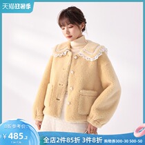 Baou 2020 winter new sheep shearing medium long lace edge doll collar single breasted small fragrant fur coat female