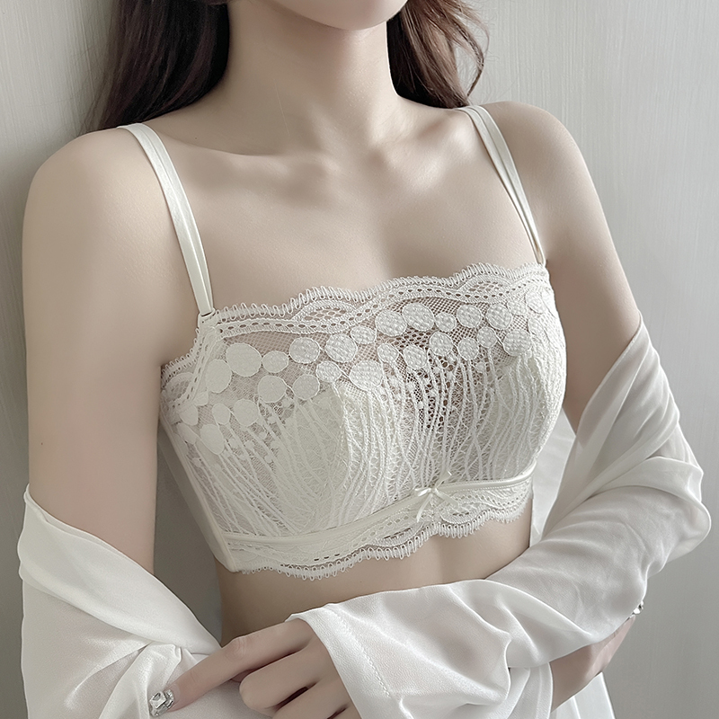 Summer Sexy Lace Ultra-Thin Soft Underwire Bandeau Anti-Exposure Bra Push-Up Adjustable Backless Lingerie for Women with Thin Straps