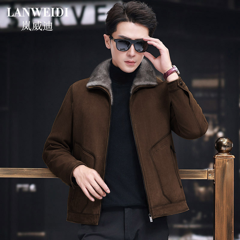 Genuine Leather Men's Suede Goat Leather Jacket with Cross Mink Fur Lining, Integrated Fur Coat for Winter