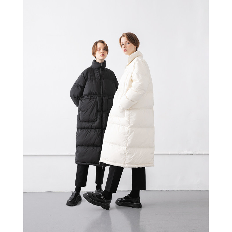 Slow Tea 90 White Duck Suede Collar Thickened long version down Down Clothing Women Winter Soft Loose No Hat Brief Commute Black White