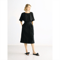 Slow Tea Black Wide Striped Strap Closed Waist Bat Sleeves Dress Summer Middle Long thin hollowed-out design Sensation Skirt