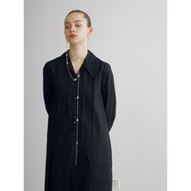Slow Tea Mcha Grey Green Full Cotton Straight Body Dress Woman Black Single Row Buttoned Collar Shirt Skirt Wool Edge Retro