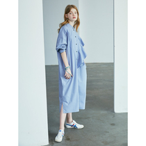 Slow Tea Foggy Blue Mid-Length Shirt Dress Woman Design Sensation Small crowdsourced Lotus Leaf side Librattresses Dress Loose and Lazy Breeze