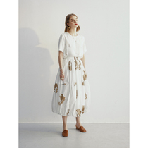 Slow tea mcha white water ink polo dot flower brat half body dress spring black mid-length Japanese style retro elastic waist skirt