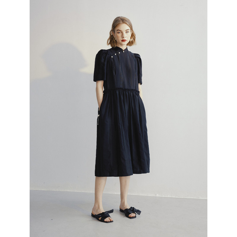 Slow tea black Tencel striped jacquard cheongsam improved dress 2022 summer retro puff sleeves new Chinese skirt