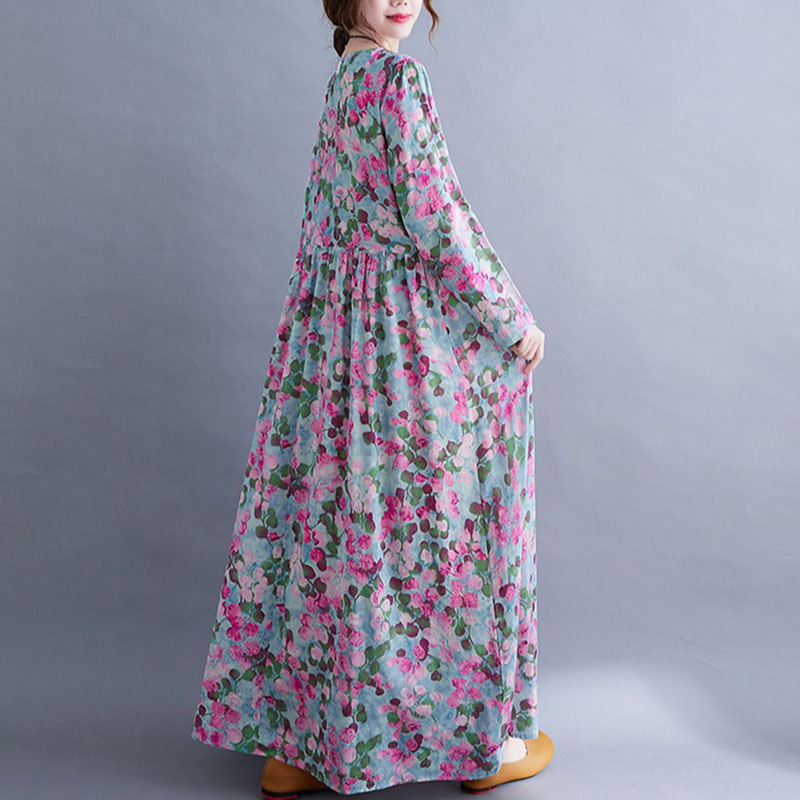 Ethnic Style Plus Size Women's Dress Autumn Loose Elegant Light Purple Printed Casual Long-Sleeved Robe with Large Hem Mid-Length Skirt