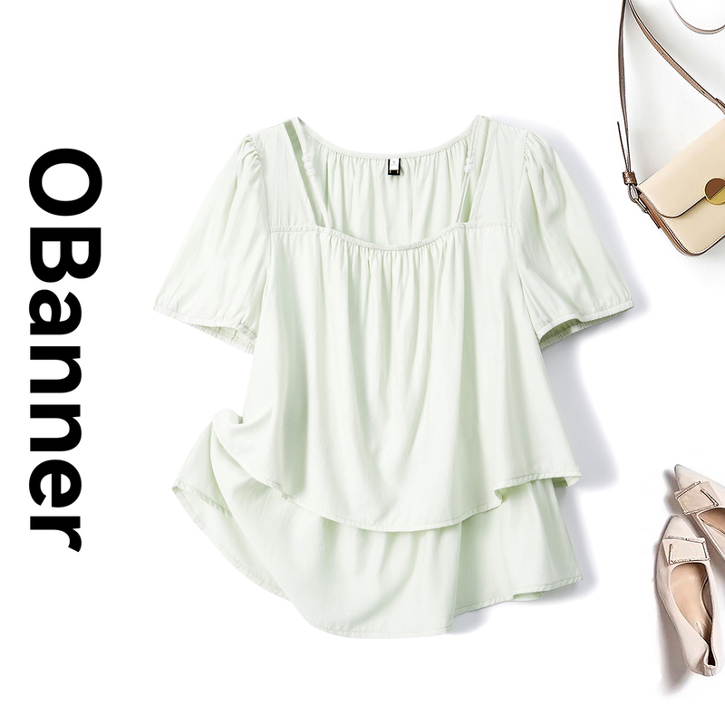 Obanner 2026 Summer Square-Neck Double-Layer Hem Plus-Size Women's Loose Fit Slightly Chubby mm Pullover Short-Sleeve Shirt Obanner 2026 Summer Square-Neck Double-Layer Hem Plus-Size Women's Loose Fit Slightly Chubby mm Pullover Short-Sleeve Shirt