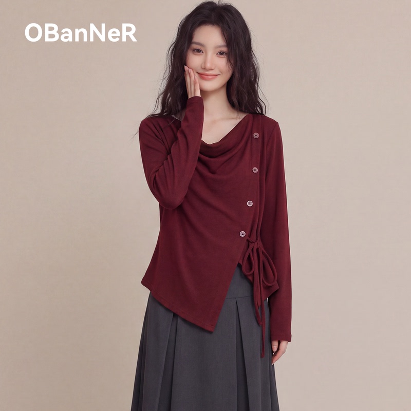 O·Banno 2026 Autumn Buttoned Tie-Waist Top Plus Size Women's Clothing for Chubby Women Long Sleeve Slit T-Shirt