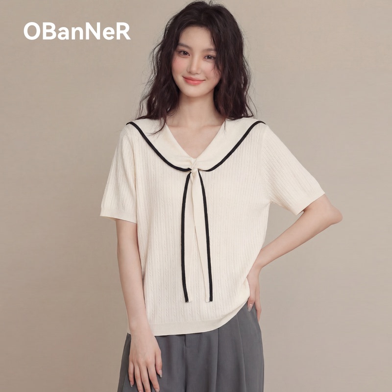 Obanner 2026 Summer Bow Navy V-Neck Short Sleeve Plus Size Women's Top Fat Girl Knitted Sweater T-Shirt