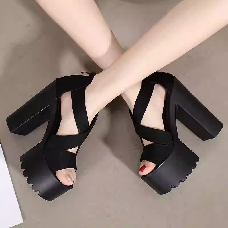 Sexy Roman Sandals for Women, Summer Versatile New European and American Style, 16cm Thick Sole, Chunky Heel, Super High Heels, Nightclub Style, 14cm High