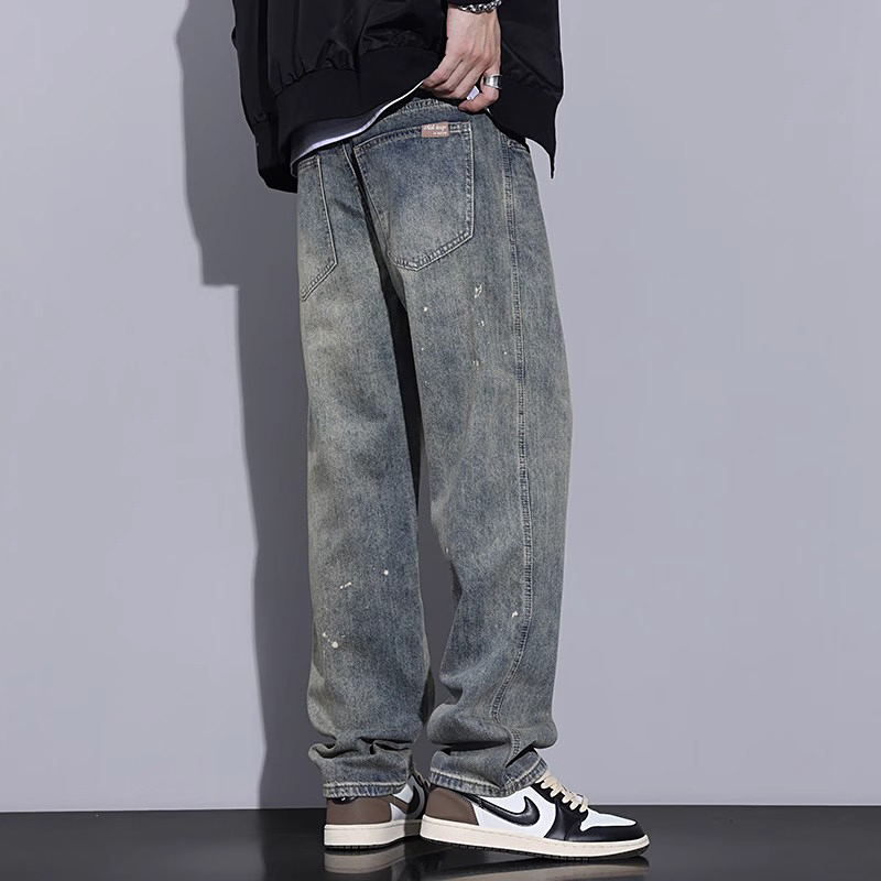 American High Street Jeans for Men, Spring New Style Pants, Trendy Brand Splatter Ink Straight-Leg Pants, Men's Loose Wide-Leg Pants