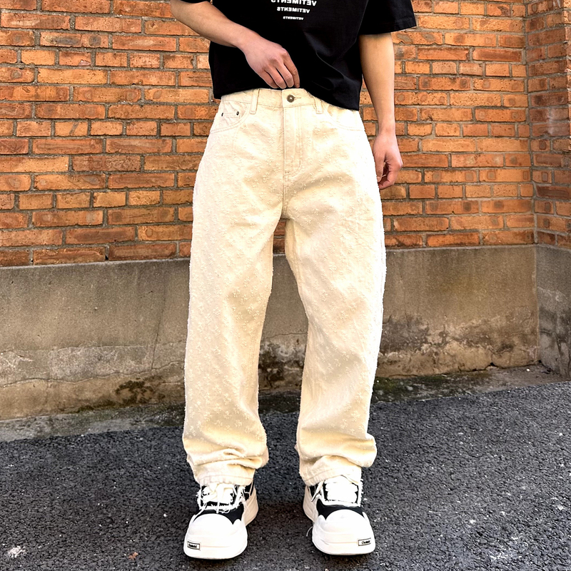 Hong Kong Trendy Brand Men's Jeans Spring New American High Street Jacquard Niche Design Scimitar Wide-Leg Straight Pants