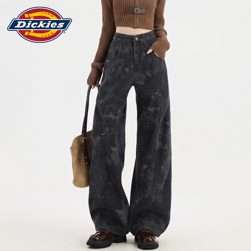 Dickies Black and Gray American-Style Printed Wide-Leg Jeans for Women with Fleece Lining, High-Waisted Design, Straight-Leg Pants Y